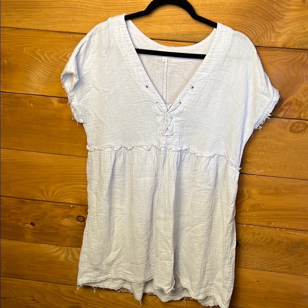 Light Blue Women's Dress Mini short sleeve lightweight Open Frayed Hem Casual